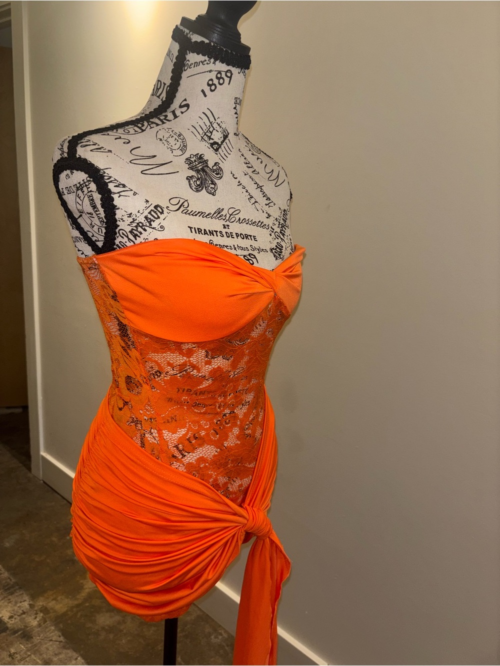 Strapless Orange Lace-Detail Mini Dress